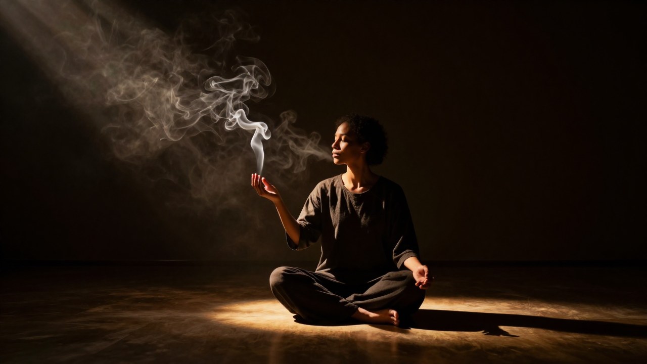 Una figura meditativa libera humo oscuro iluminado por fuertes rayos de luz dorada en un interior.