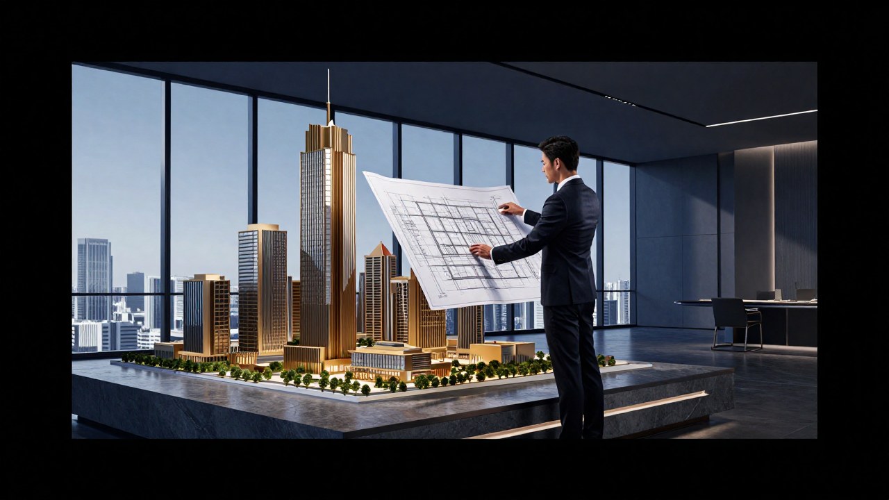 Profesional en oficina de diseño examina un complejo plano arquitectónico de desarrollo urbano.