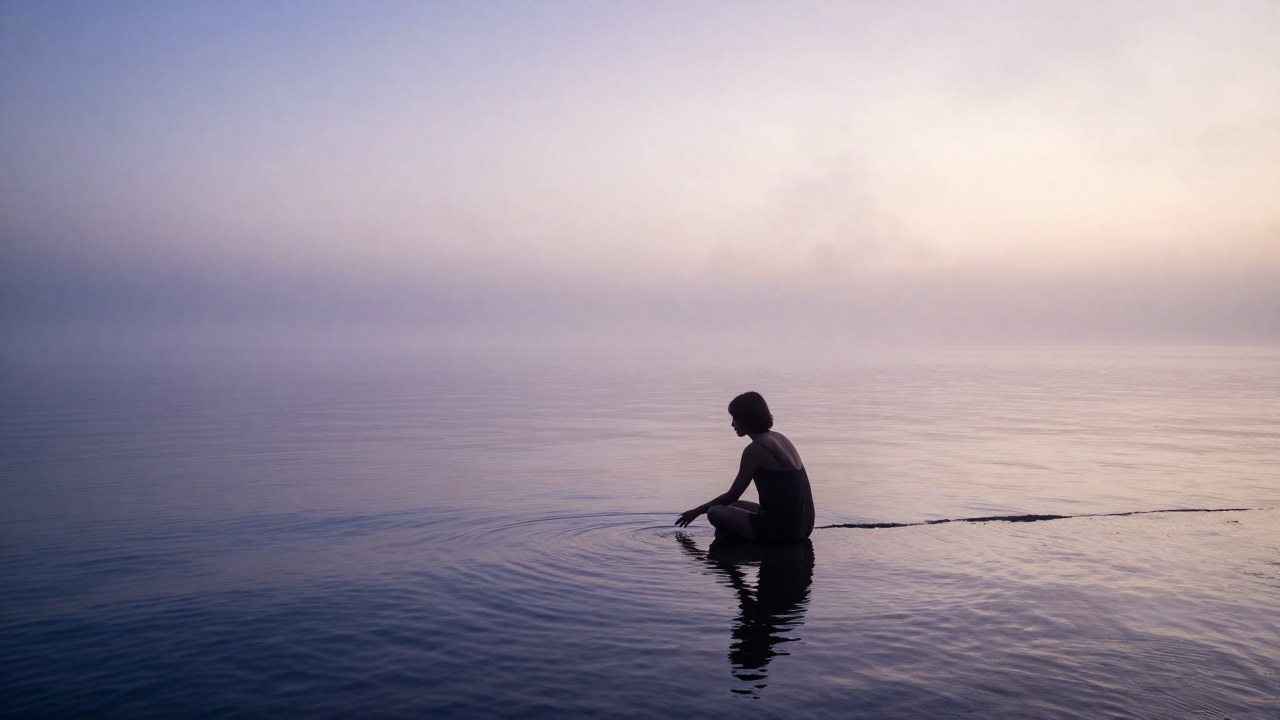 Figura solitaria sentada en la orilla de un mar vasto al amanecer, extendiendo la mano hacia el agua.