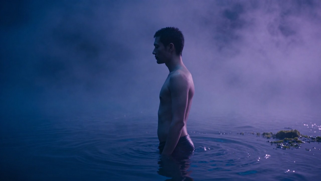 Figura contemplativa cerca de una piscina de agua neblinosa en tonos azules y lavanda.