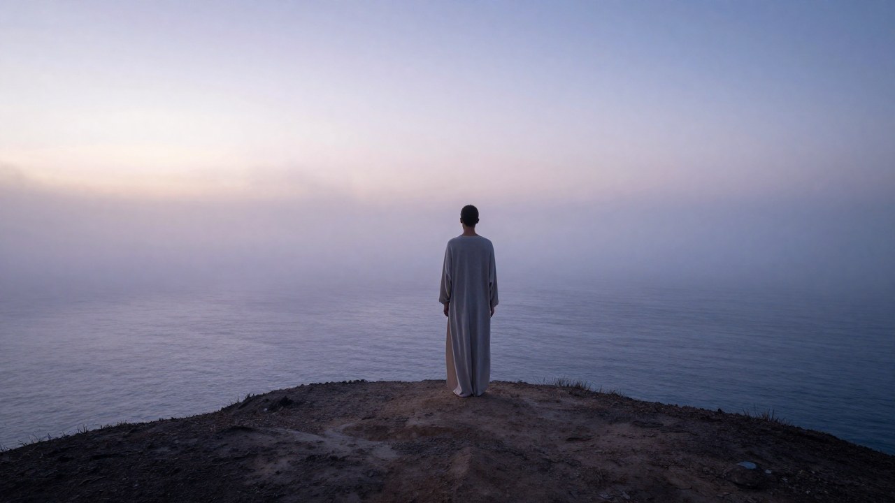 Una figura solitaria en un acantilado costero mirando el vasto mar brumoso al amanecer.