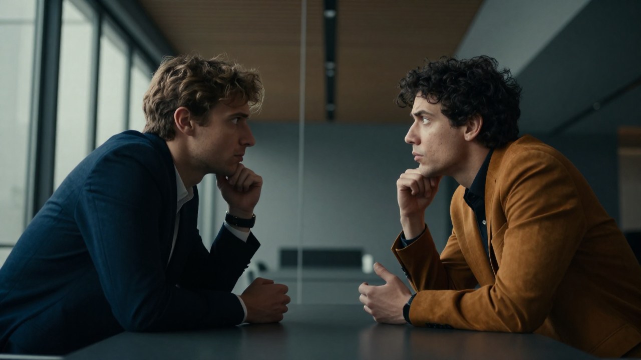 Dos personas dialogan intensamente en una mesa moderna, representando perspectivas opuestas en un entorno minimalista.