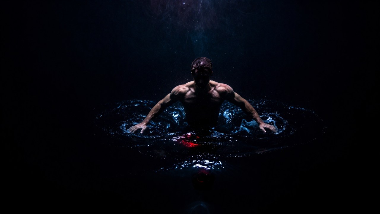 Una figura poderosa emerge de aguas oscuras y turbulentas, simbolizando la transformación interior.