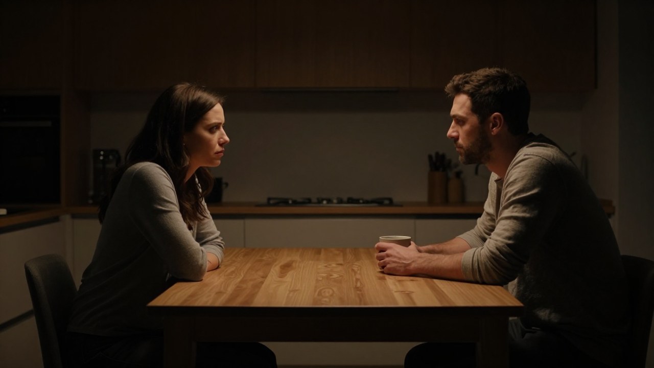 Pareja sentada a una mesa, con lenguaje corporal que muestra tensión y distancia emocional.