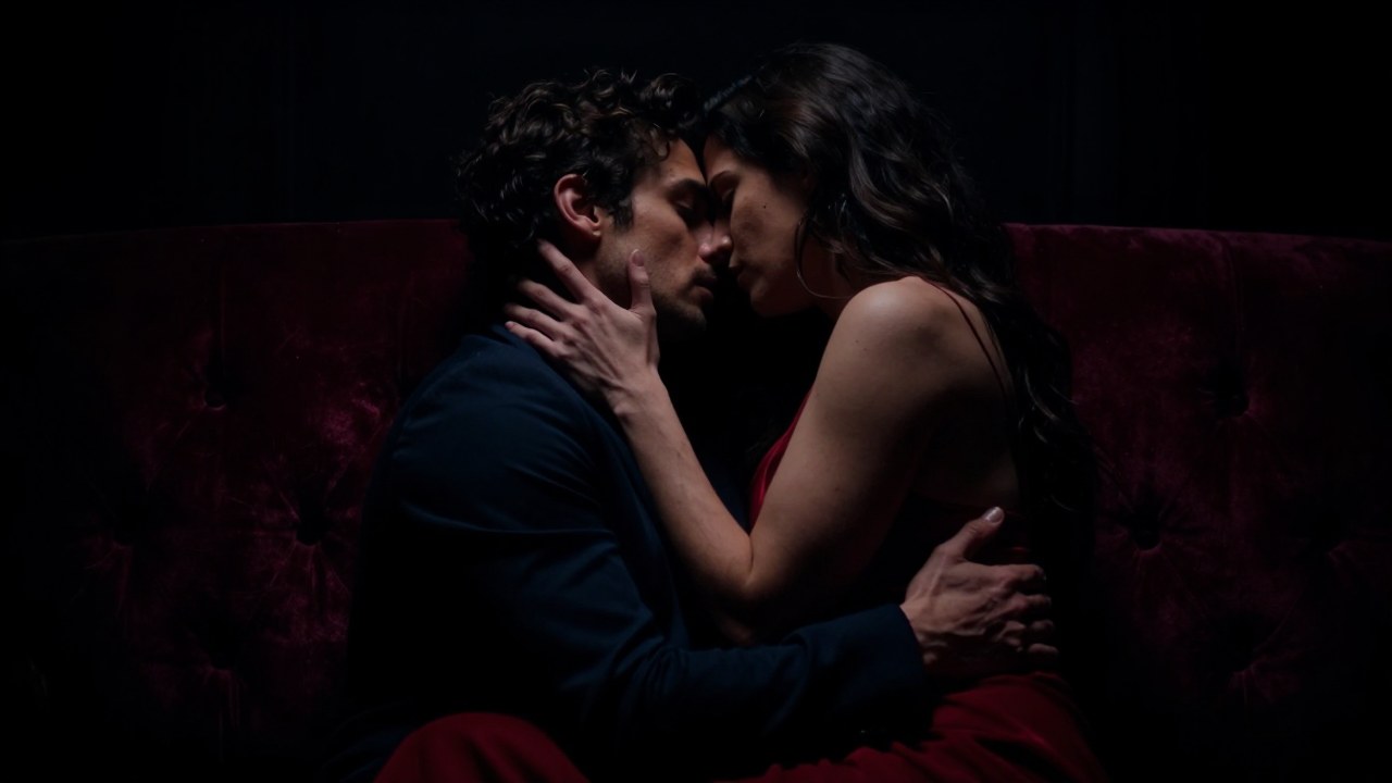 Una pareja en un abrazo íntimo y emocional en un ambiente sombrío y dramático.