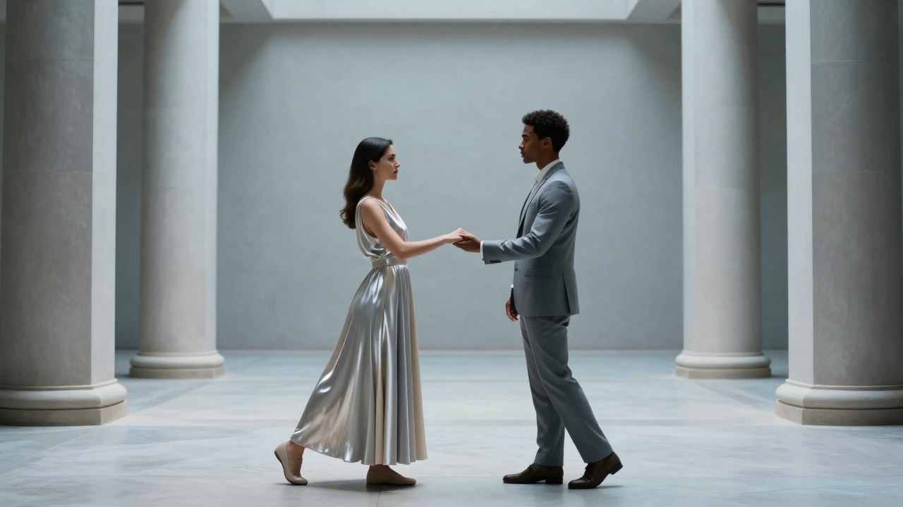 Dos figuras se encuentran en un espacio elegante, representando el equilibrio perfecto y la asociación.