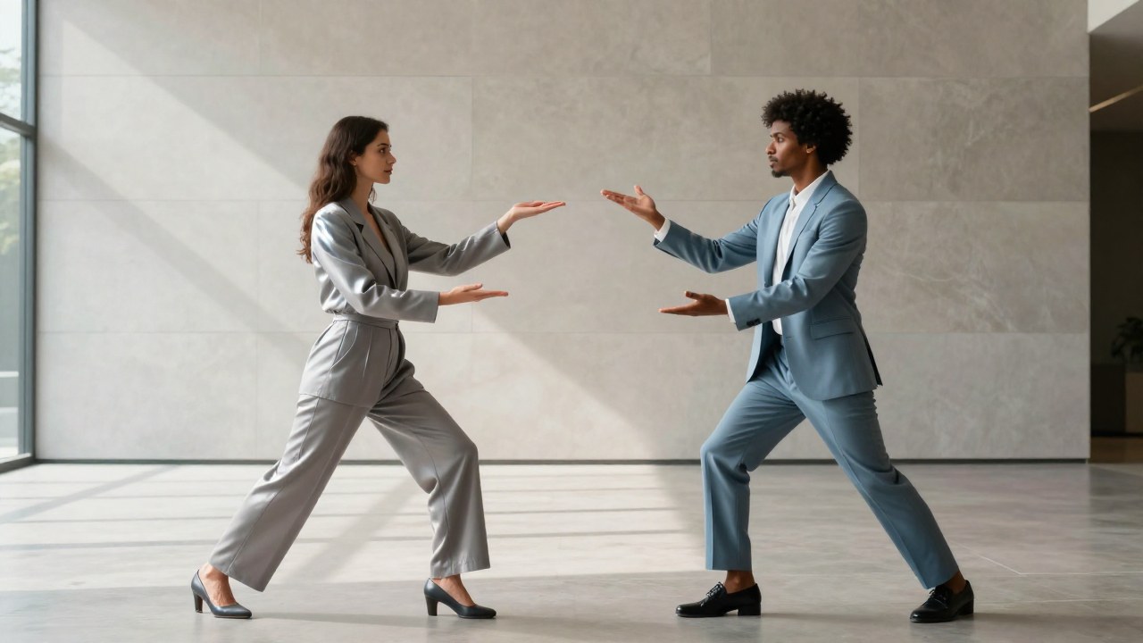 Dos figuras diversas se encuentran en un entorno minimalista, simbolizando un equilibrio y una colaboración armoniosa.