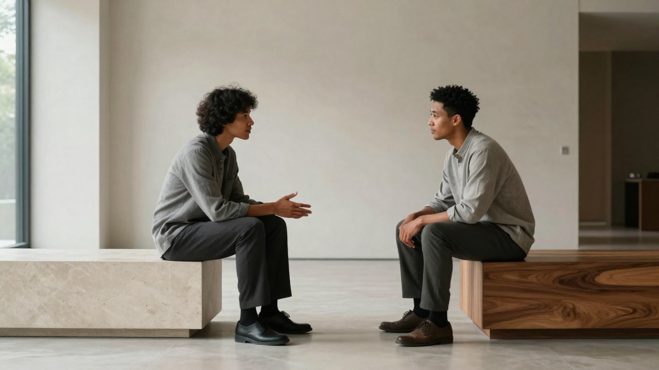 Dos individuos conversan en un entorno minimalista, simbolizando la asociación y el diálogo equilibrado.