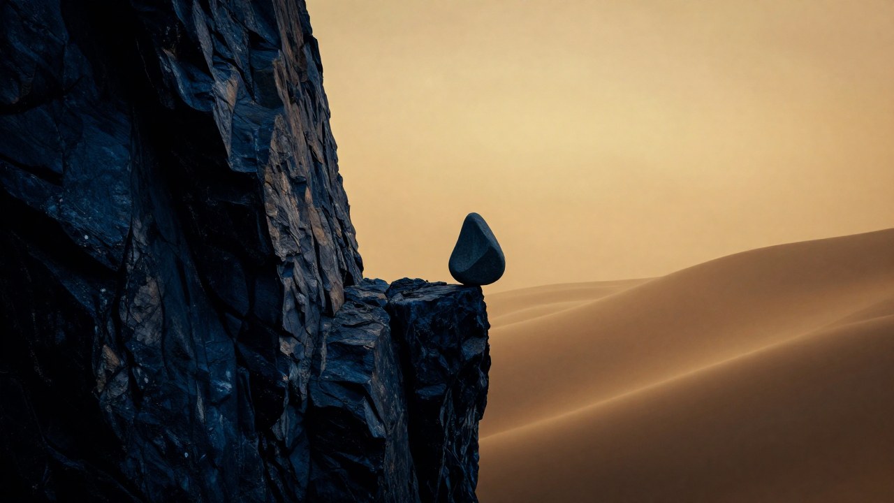 Una piedra central en equilibrio divide una formación geológica rugosa y una niebla suave.