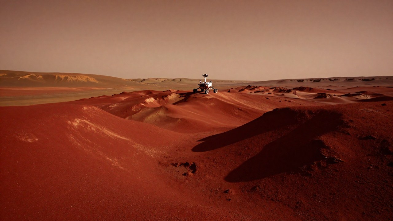 Un rover explorador atraviesa el paisaje rojizo y desolado de la superficie de Marte.