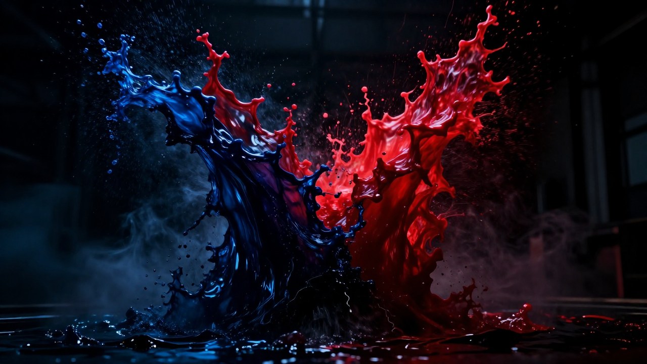 Surge de energía carmesí choca dinámicamente con un torrente líquido de color azul profundo.