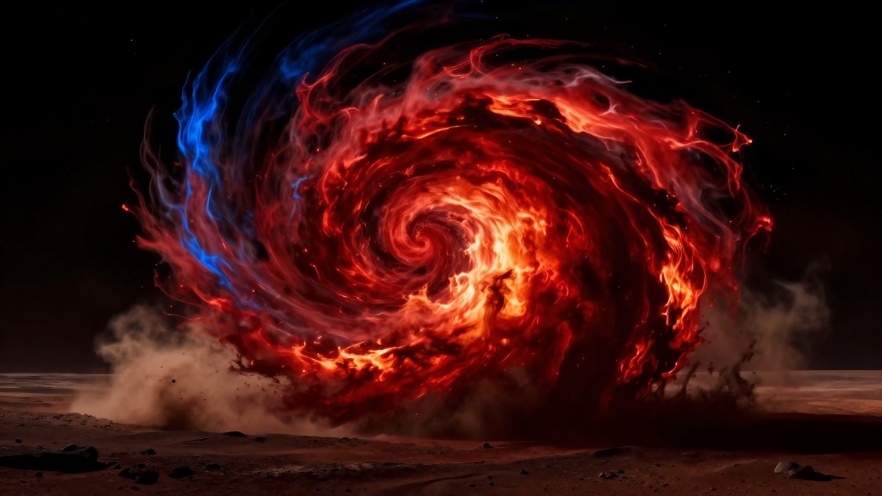 Vórtice de energía ardiente y turbulenta sobre un paisaje planetario en el espacio profundo.