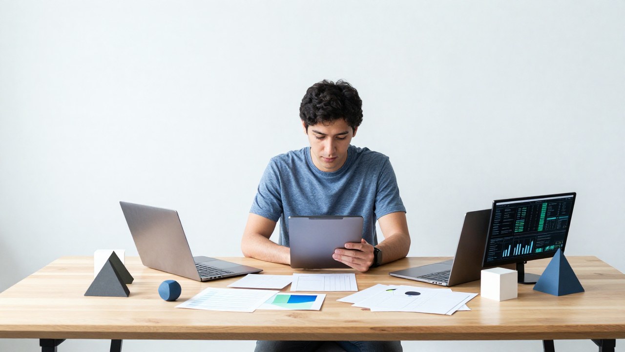 Persona enfocada en un escritorio minimalista con notas estructuradas y patrones de datos complejos.