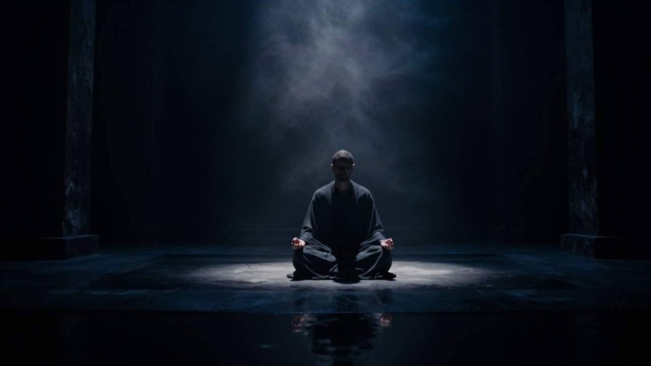 Figura solitaria en reposo meditativo dentro de un entorno de piedra y agua.
