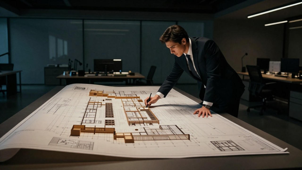 Profesional en un estudio de diseño revisando un plano o modelo arquitectónico detallado.