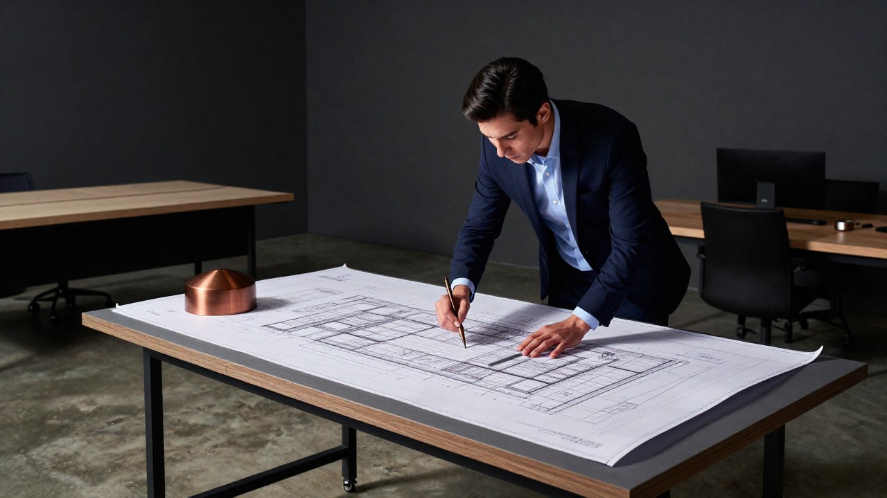 Profesional de negocios concentrado trabajando en un complejo plano o modelo de ingeniería.