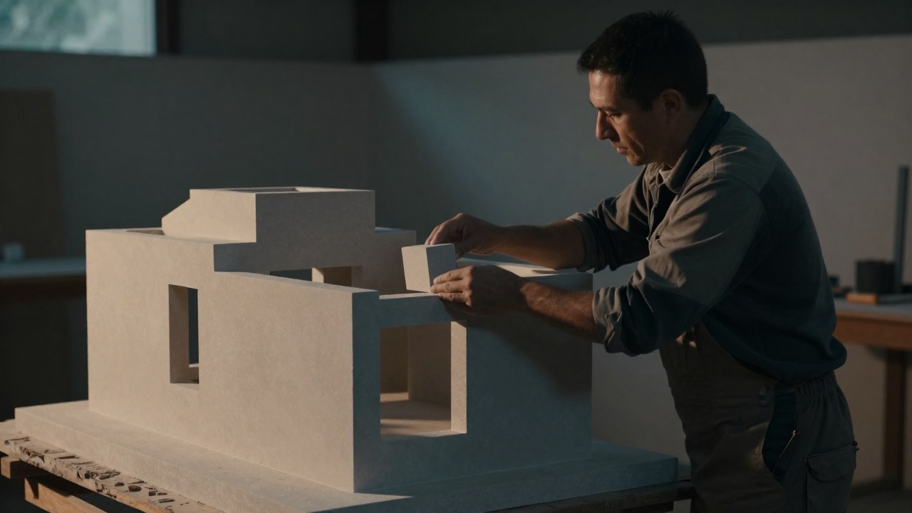 Figura meticulosamente coloca una pieza final en una estructura arquitectónica precisa y duradera.