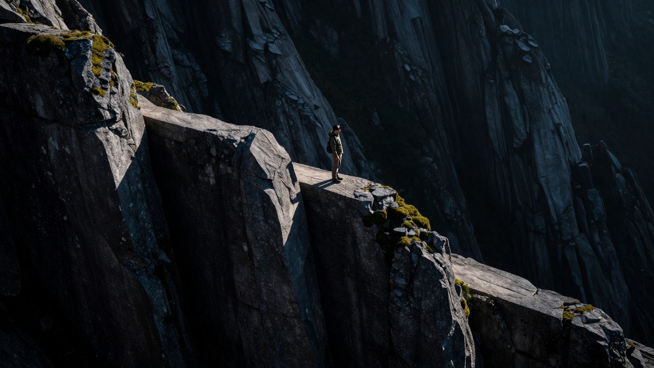 Una figura solitaria en la cima de una monumental estructura de piedra, contemplando el paisaje.