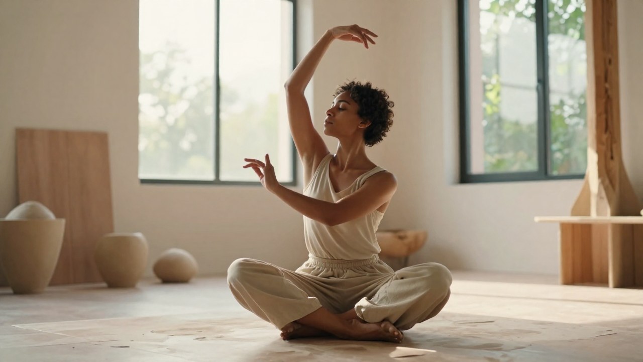 Individuo diverso en un estudio minimalista realizando una práctica creativa y meditativa.