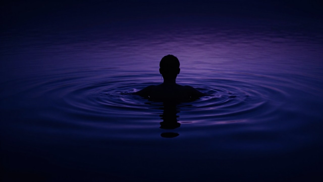Figura solitaria parcialmente sumergida en agua profunda, creando una composición panorámica.
