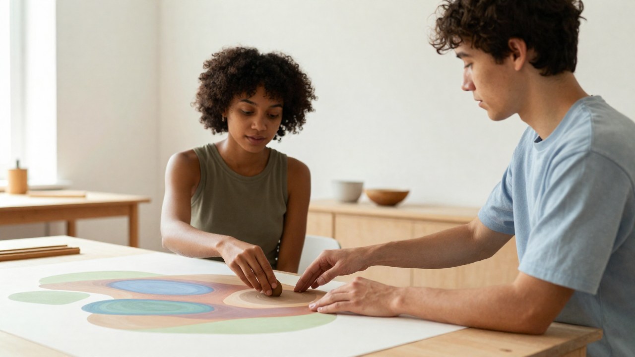 Dos personas colaboran en un proyecto artístico en un taller minimalista, simbolizando la fluidez creativa.