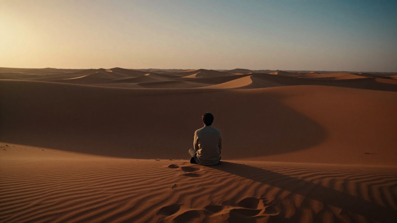 Persona sola contemplando el vasto horizonte en un paisaje desértico al atardecer.
