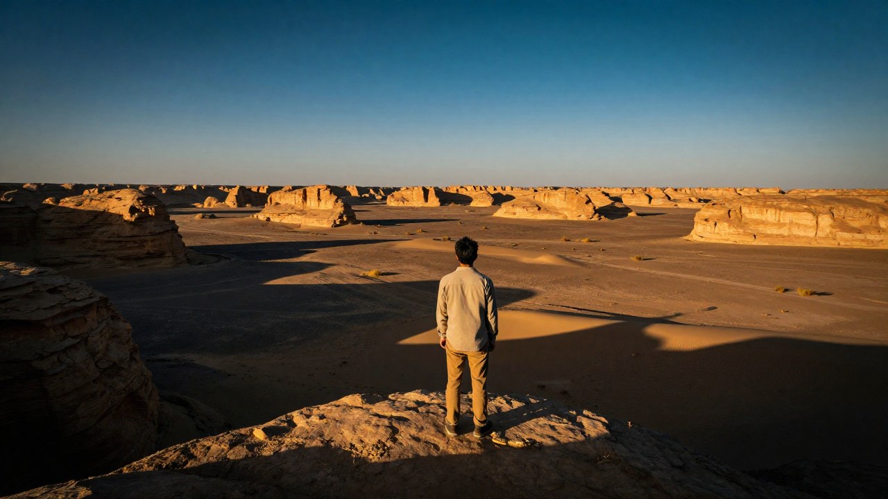 Viajero solitario en un altiplano observando la inmensidad de un antiguo paisaje desértico.