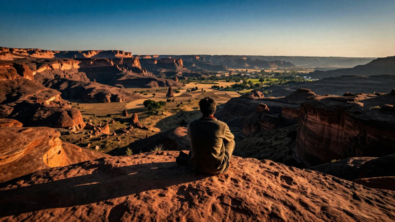 Figura solitaria en un promontorio mirando un vasto paisaje antiguo y culturalmente rico.