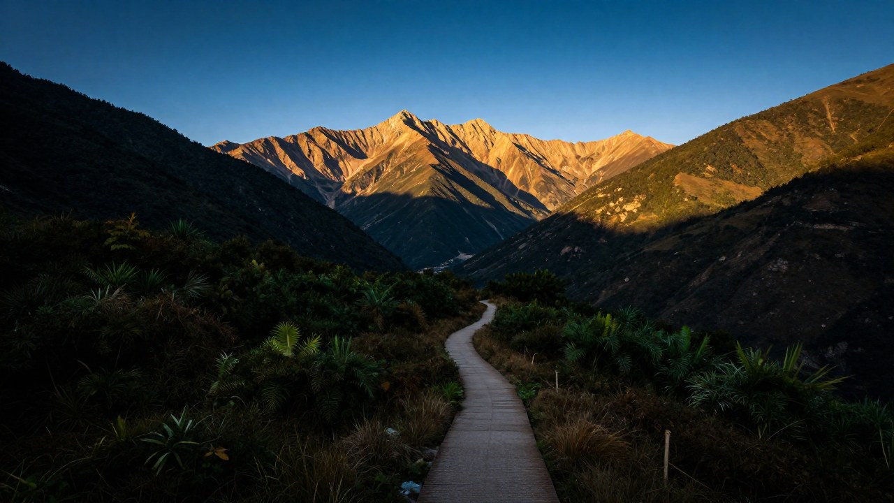 Un sendero serpentea desde un valle vegetado hacia una cumbre montañosa brillante.