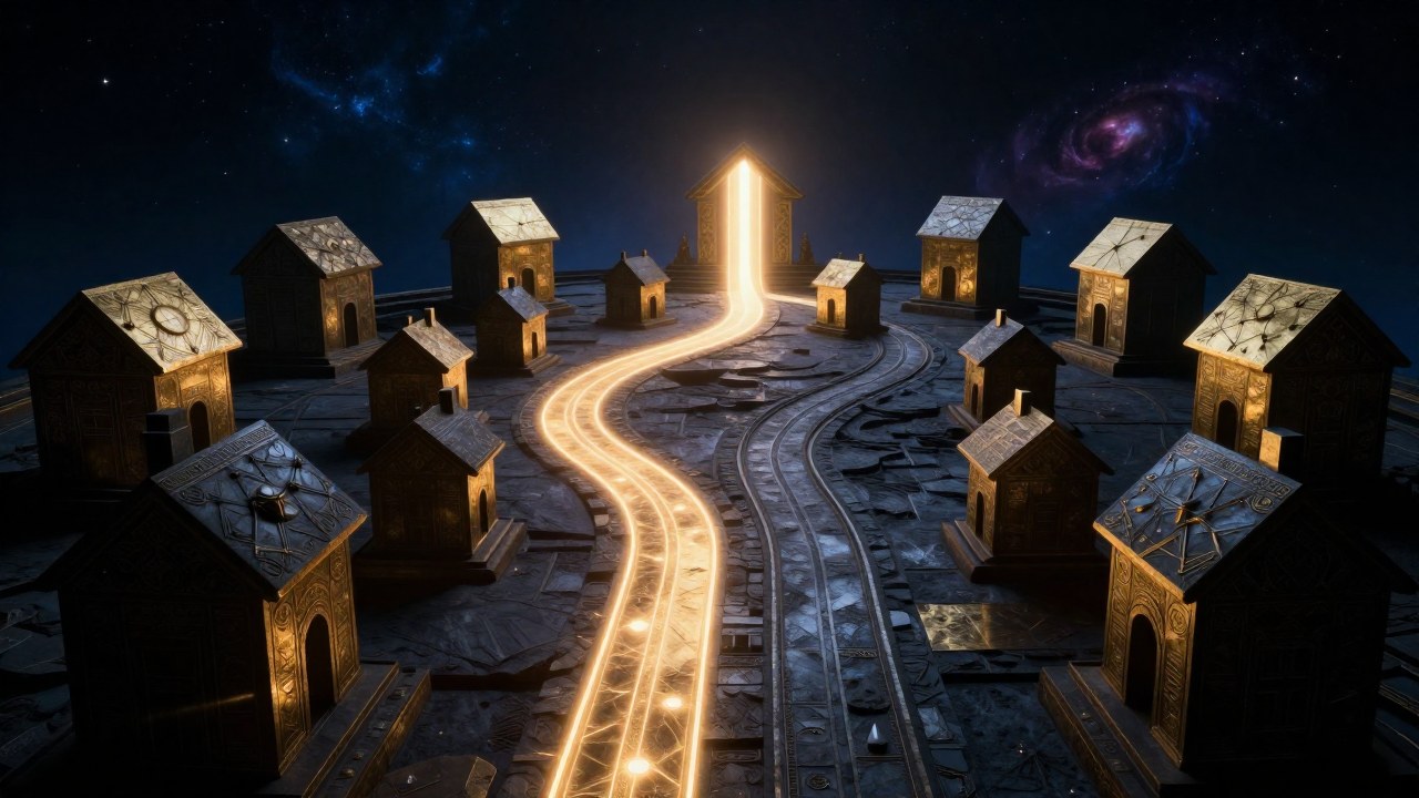Dos caminos luminosos, uno ascendente y uno oscuro, atraviesan un complejo paisaje de estructuras geométricas.