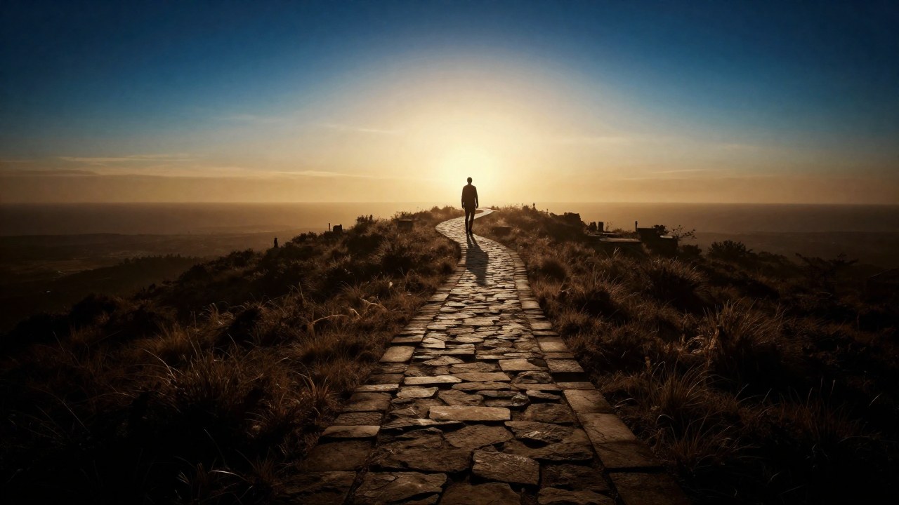 Una figura solitaria en un camino de piedra asciende de un paisaje oscuro hacia un horizonte luminoso.