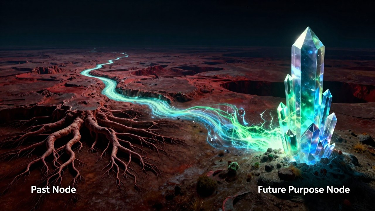 Energía dinámica conecta un paisaje antiguo con una estructura cristalina que representa el destino evolutivo.