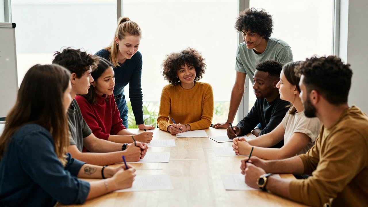 Grupo diverso de jóvenes colaborando en una sesión de planificación comunitaria en un entorno moderno.