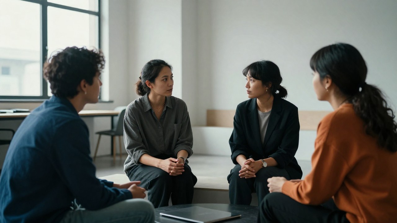 Cuatro personas diversas en un loft moderno participan en una discusión intelectual en grupo.