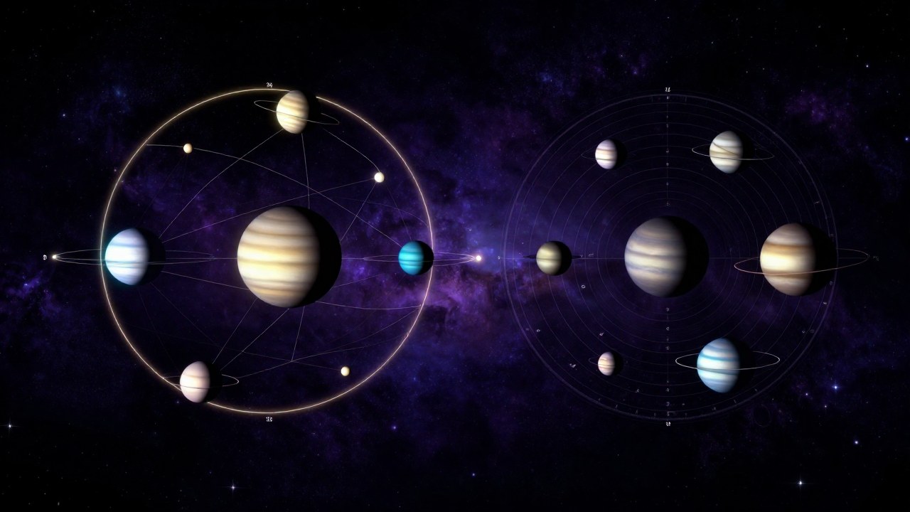 Comparación conceptual de sistemas astronómicos: precisión angular frente a posicionamiento zodiacal.