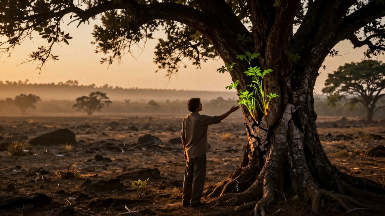 Figura solitaria en un paisaje agreste tocando un árbol con brotes verdes que sugieren sanación.