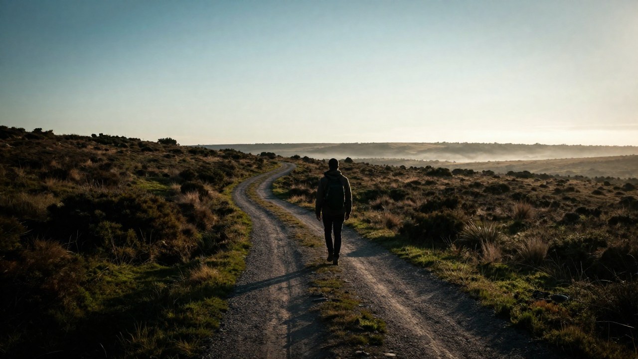 Solitario caminante avanza por un sendero en un vasto paisaje hacia el horizonte distante.
