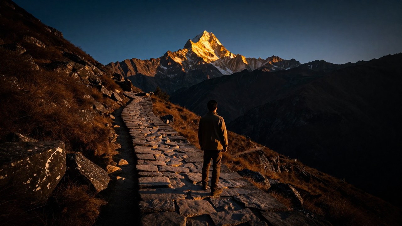 Una figura solitaria observa una cumbre iluminada desde un antiguo sendero en el paisaje montañoso al amanecer.
