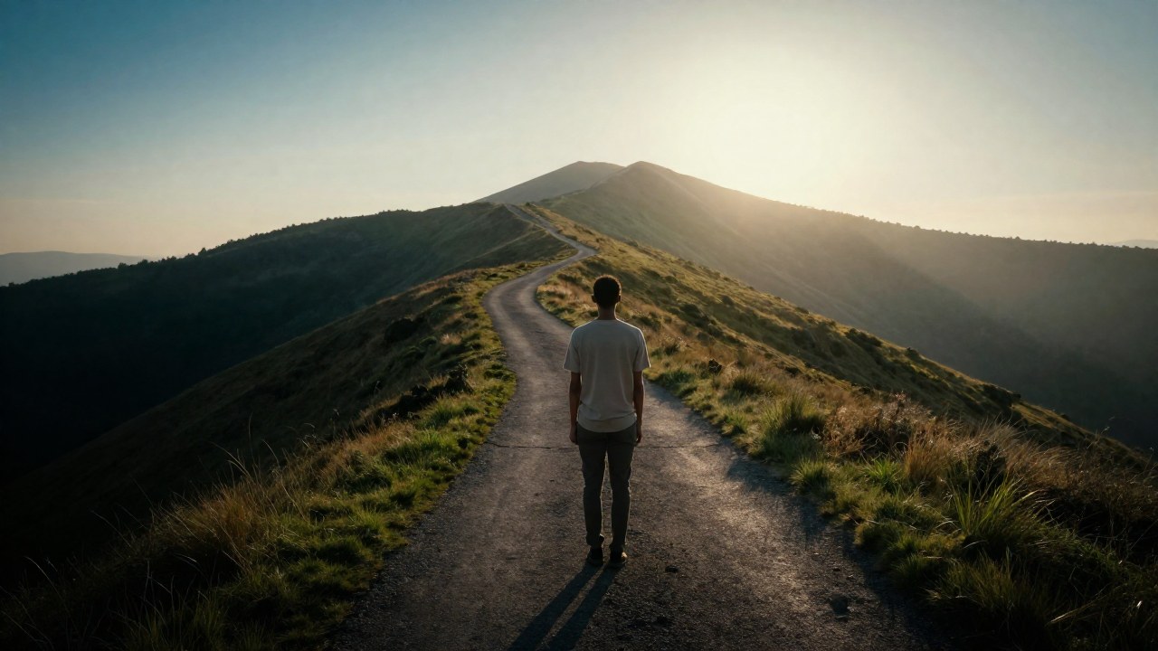 Persona de pie en la entrada de un sendero que asciende hacia un horizonte brillante en un paisaje brumoso.
