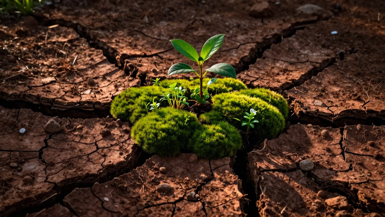 Vegetación verde brota agresivamente de una grieta en la tierra seca y agrietada.