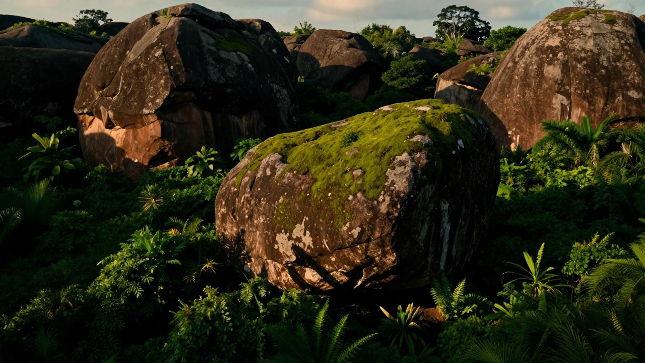 Formación rocosa y musgosa en un paisaje fértil, simbolizando la estabilidad y el crecimiento duradero.