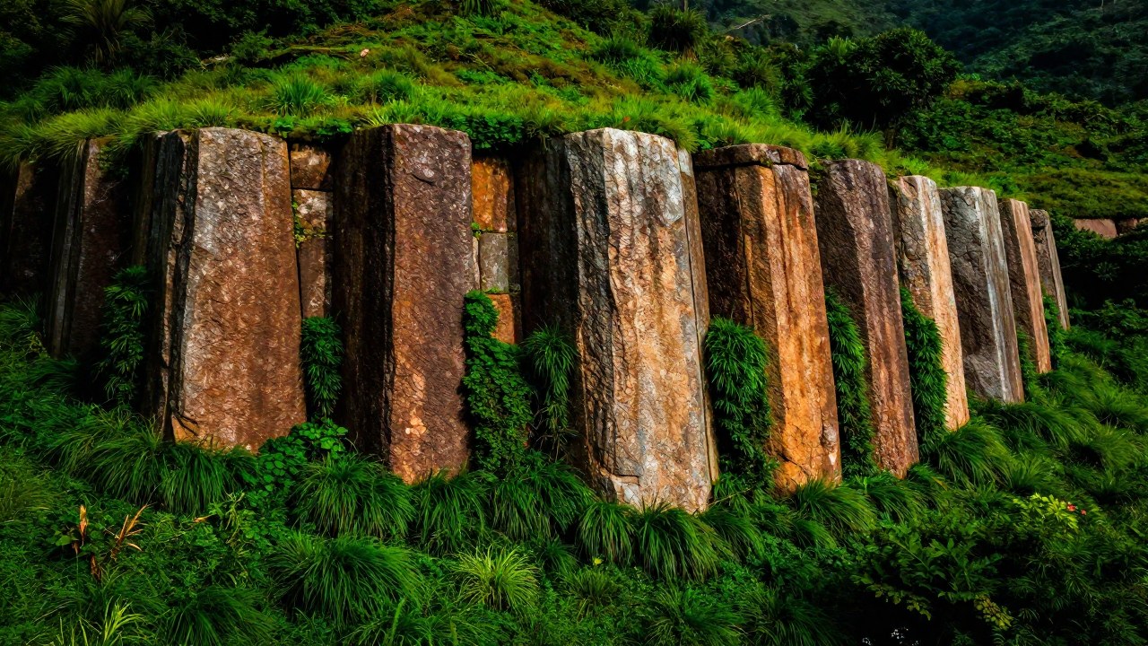 Muro de piedra antiguo y sólido incrustado en una colina verde, cubierto por vegetación persistente.