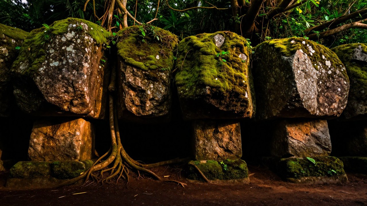 Antiguos cantos rodados y cimientos de piedra cubiertos de musgo y raíces resistentes de la vegetación.
