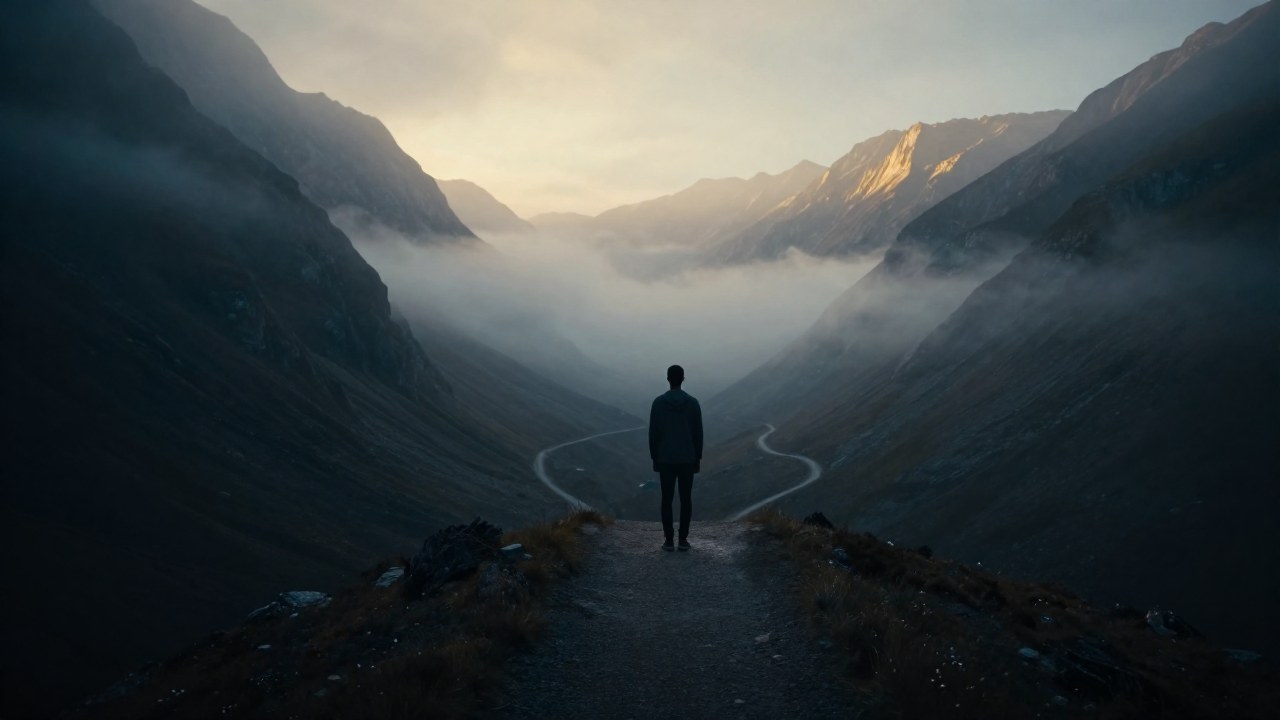 Figura solitaria en un paisaje de montaña brumoso que mira hacia un horizonte lejano.