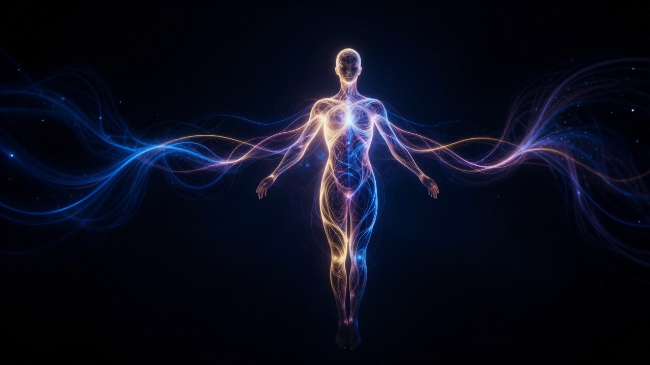 Figura andrógina de energía luminosa que simboliza la evolución kármica y el viaje interior.