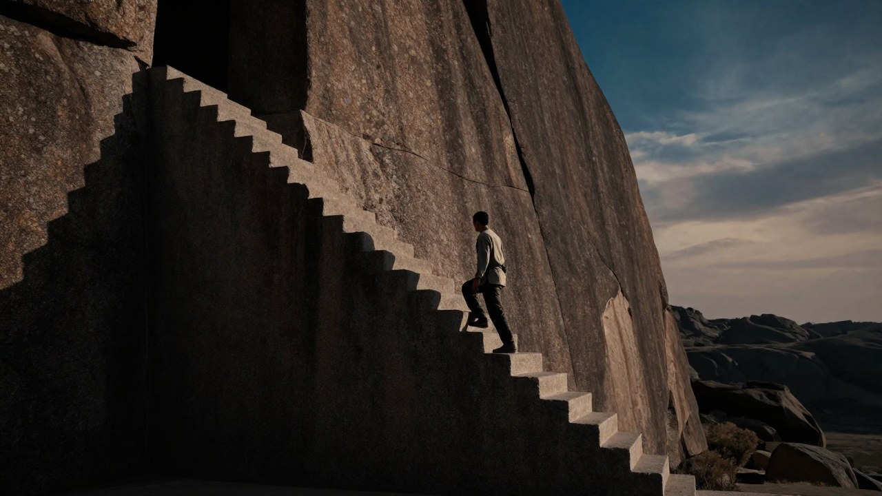 Una figura solitaria asciende escaleras monumentales talladas en la pared de un antiguo acantilado.