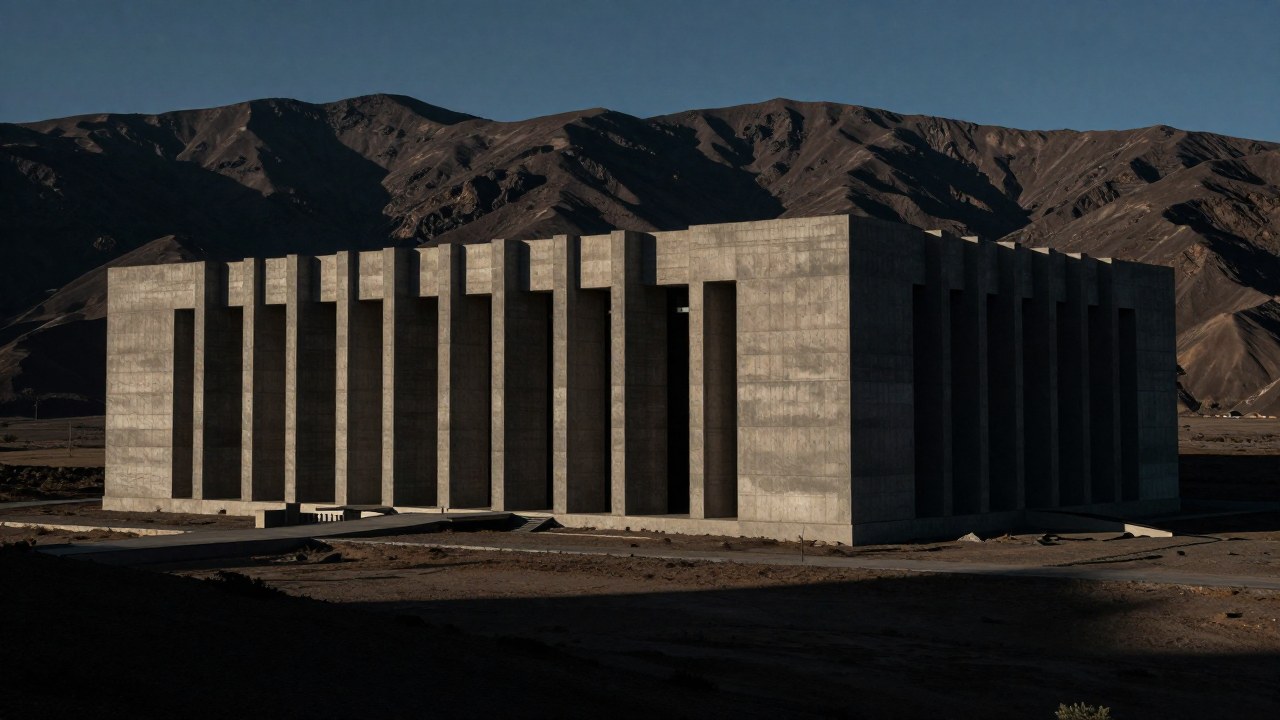 Arquitectura brutalista colosal se alza en un vasto y árido paisaje montañoso.