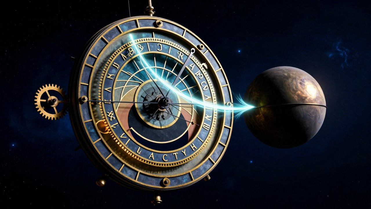 Mecanismo astronómico de engranajes bajo la influencia restrictiva de una masa oscura en un vacío cósmico.