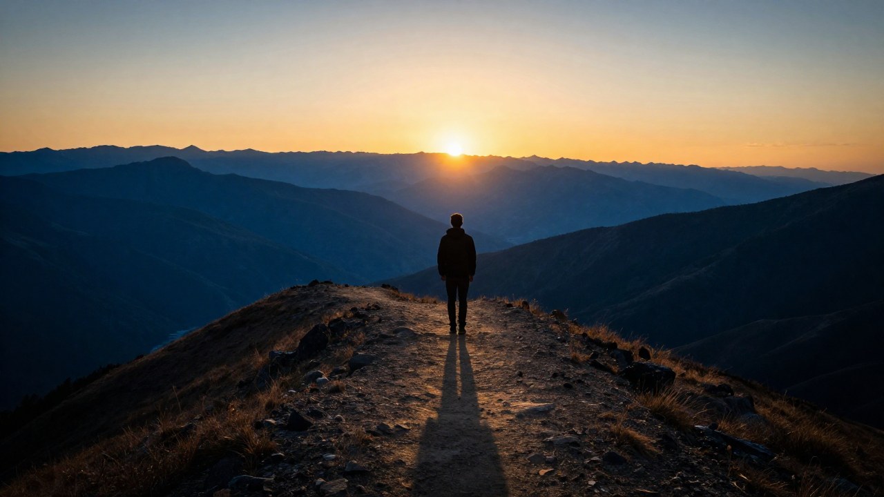 Figura solitaria en la cima de un camino montañoso, mirando un punto luminoso en el horizonte distante.