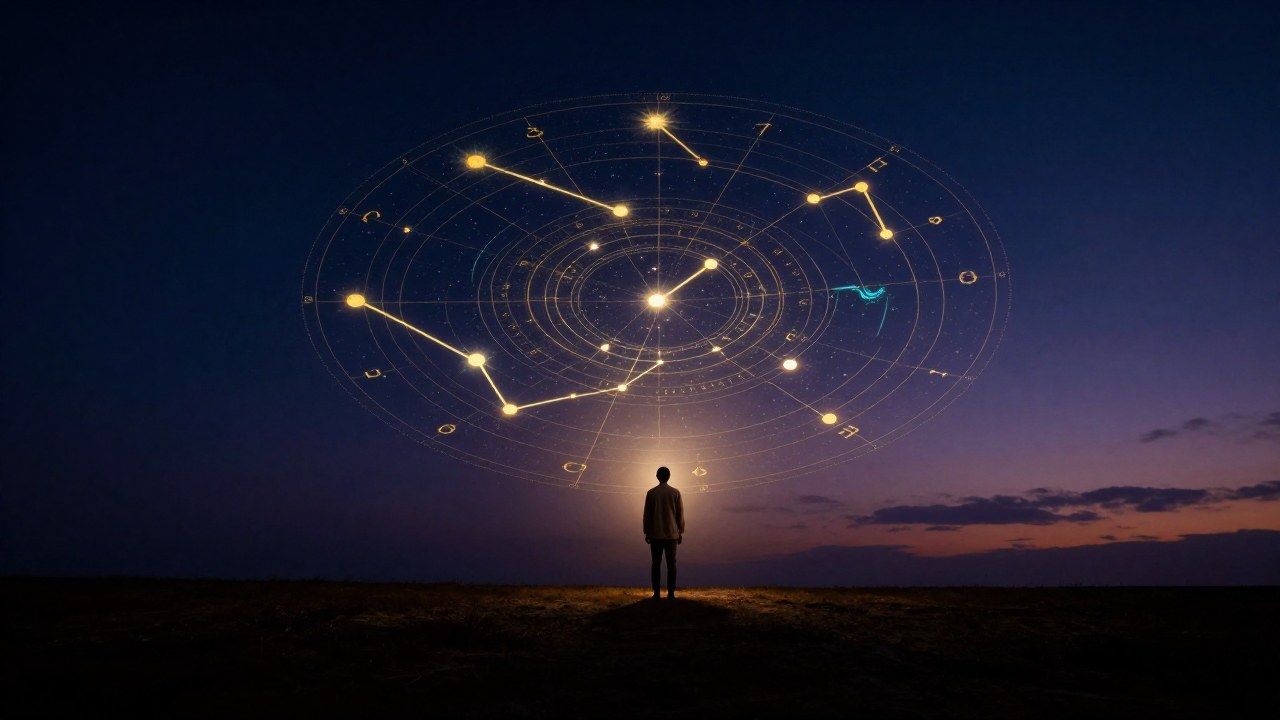 Una figura contempla un mapa estelar luminoso en un paisaje, simbolizando la búsqueda de un propósito cósmico.